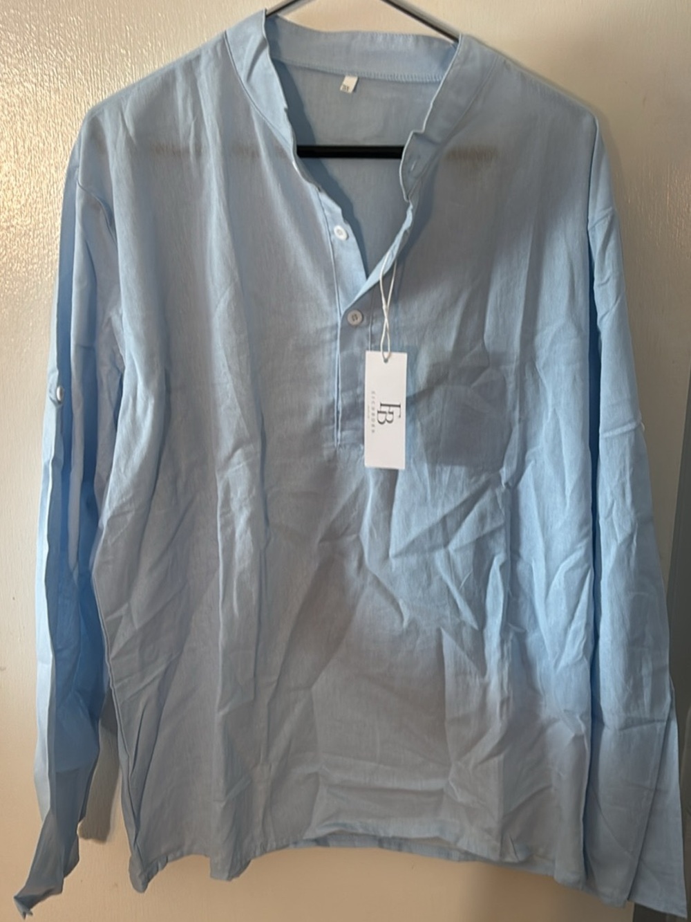 Light Blue Men's Band Collar Shirt by